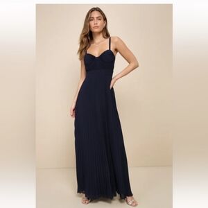 Lulu’s Lovely Navy Blue Pleated Bustier Maxi Bridesmaid Dress